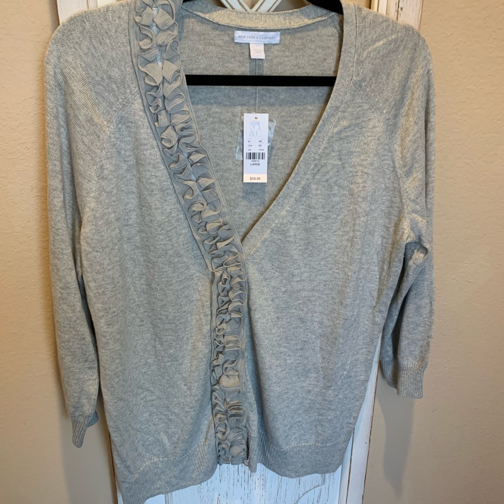 NWT Large gray cardigan with ruffle trim